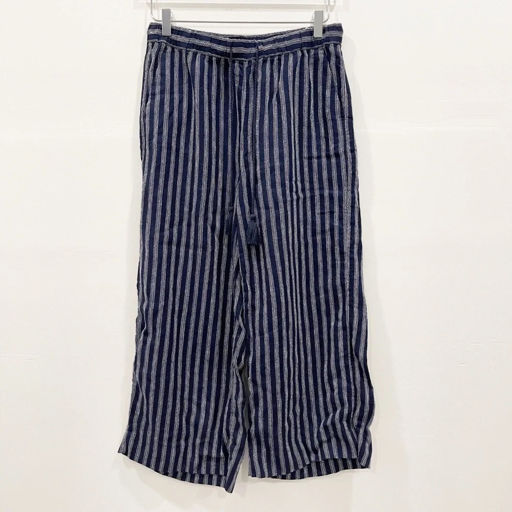 Banana Republic Wide Leg Crop Pants Navy Stripe Linen Size Drawstring Tassel S